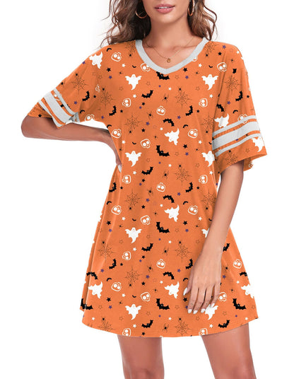 REGAI Women's Nightgown Short Sleeve V Neck Nightshirt Casual Sleepwear, Halloween Orange, 3XL