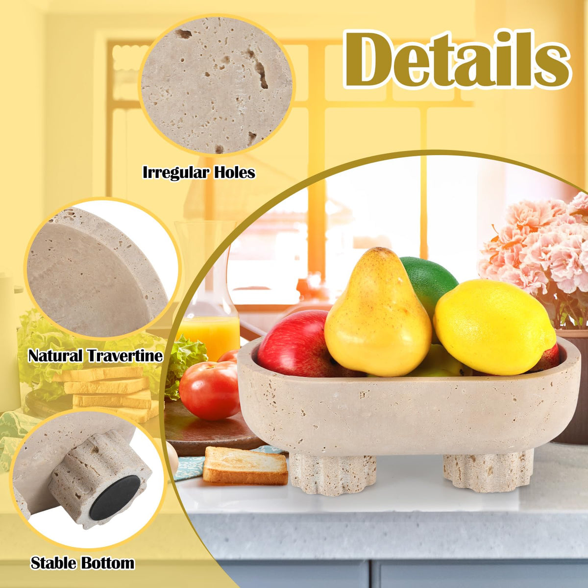 LemonRoad Natural Oval Travertine Fruit Bowl 10" Large Decorative Bowl 2 Legs & Travertine Decor Pedestal for Kitchen Counter Dining Table, Entryway, Kitchen Fruit Organizer, Dining Table Centerpiece