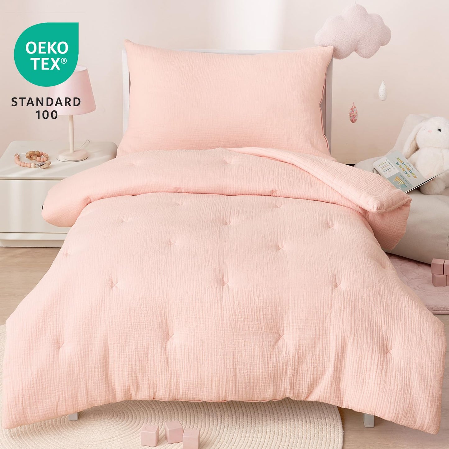 PHF Cotton Muslin Toddler Bedding Set, Soft 3 Piece Toddler Comforter Kids Bed Set, Cute Pink Bedding Set for Girls