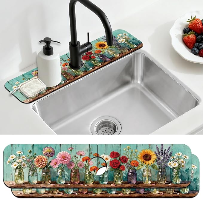 2 Pcs Kitchen Sink Splash Guard Faucet Mats Colored Glass Vases