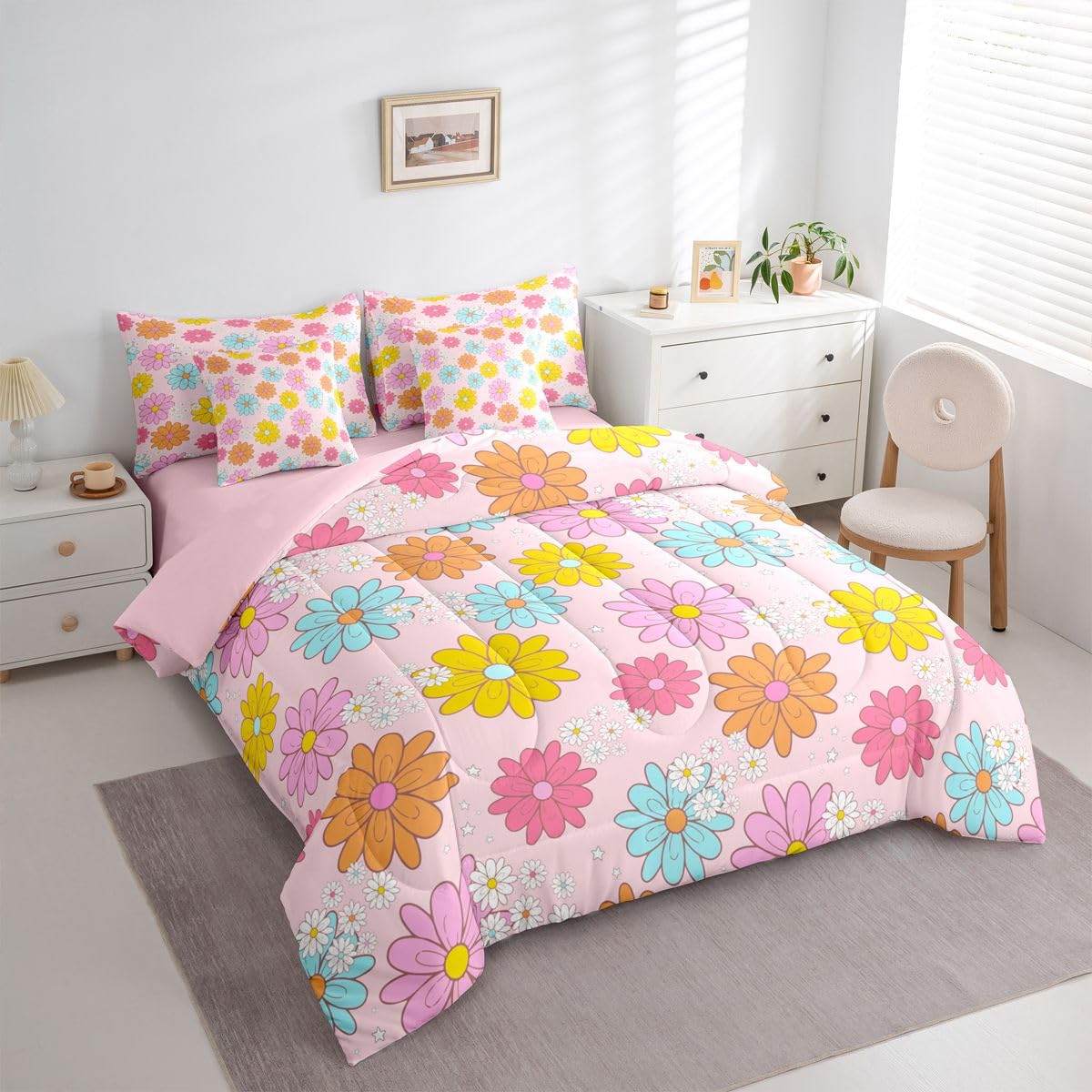 Erosebridal Cute Flower 7 Pcs Bedding Set Twin Size for Teen Girls Cartoon Floral Comforter Set with Sheets for Kids Young Women Kawaii Daisy Bed in A Bag Blue Pink Bed Sets All Season