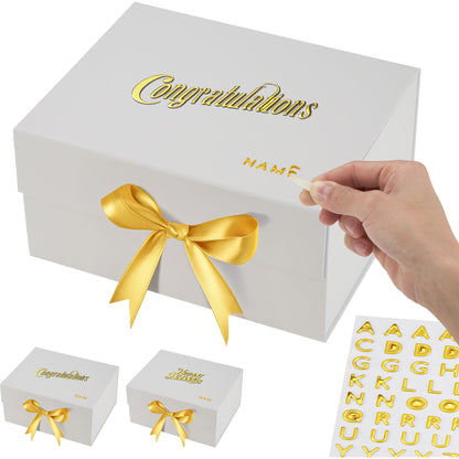 Medium Pack Of 3 Luxury White Gift Box 10x8x5 Inches – Personalized Mother's Name DIY Kit, Magnetic Lid & Bow – 3D “Congratulations” Text, Card & Bag – Mother's day, Birthdays, Weddings, Bridesmaid Proposals & More