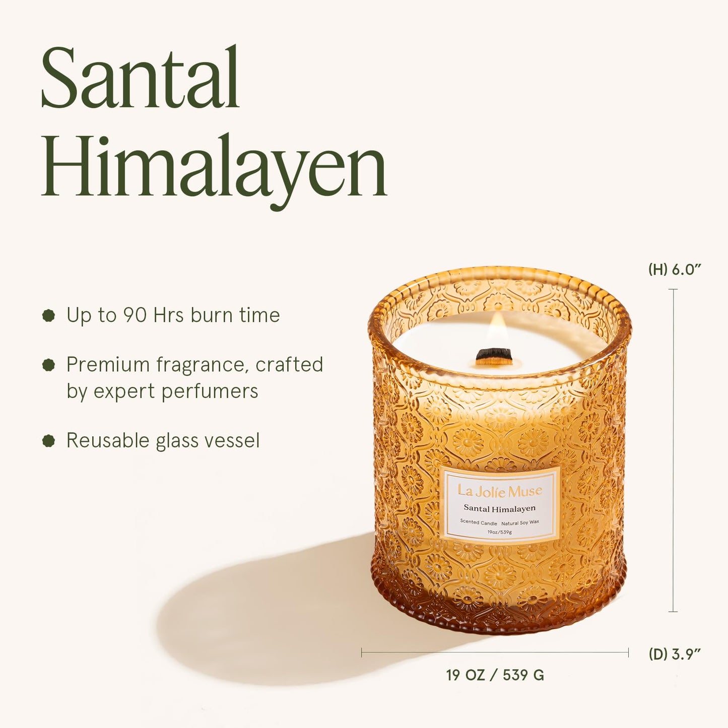 LA Jolie Muse Santal Himalayen, Large Natural Soy Candle, 90 Hours Burning Time, Wood Wicked Candle，Sandalwood Candle, Aromatherapy Candle Gifts, Luxury Candles for Home