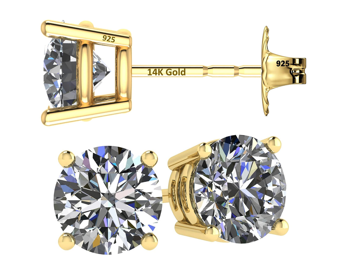 Central Diamond Center 14K Solid Gold Post & Sterling Silver Made with Swarovski 4 Prong CZ Stud Earrings - Yellow Gold Plated - 6.50mm - 2.00cttw