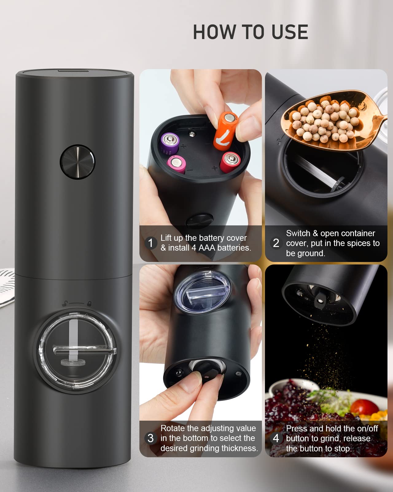 COKUNST Electric Pepper and Salt Grinder Set, Battery Powered Adjustable 5 Levels of Coarseness Black Pepper Mills with Stand, Automatic Grinding with LED Light for BBQ Resturant Kitchen