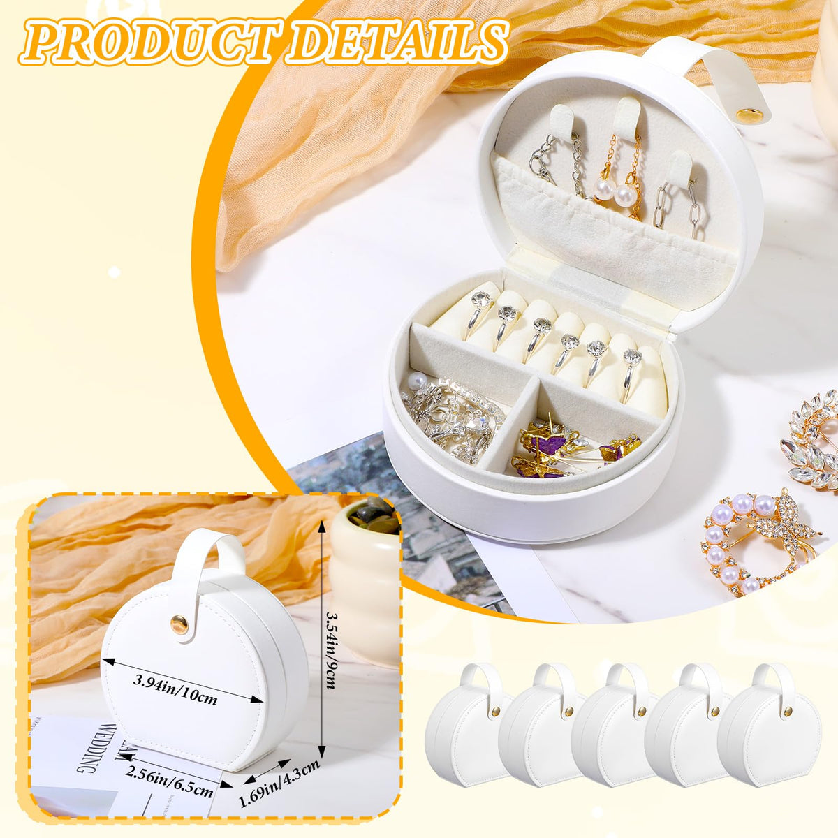 Limbeuuu 10 Pack Travel Jewelry Case Mini Jewelry Travel Case, Half Moon Design, Detachable Handle, Small Earring Storage Organizer for Women Girls Bridesmaid Proposal Gifts(White)