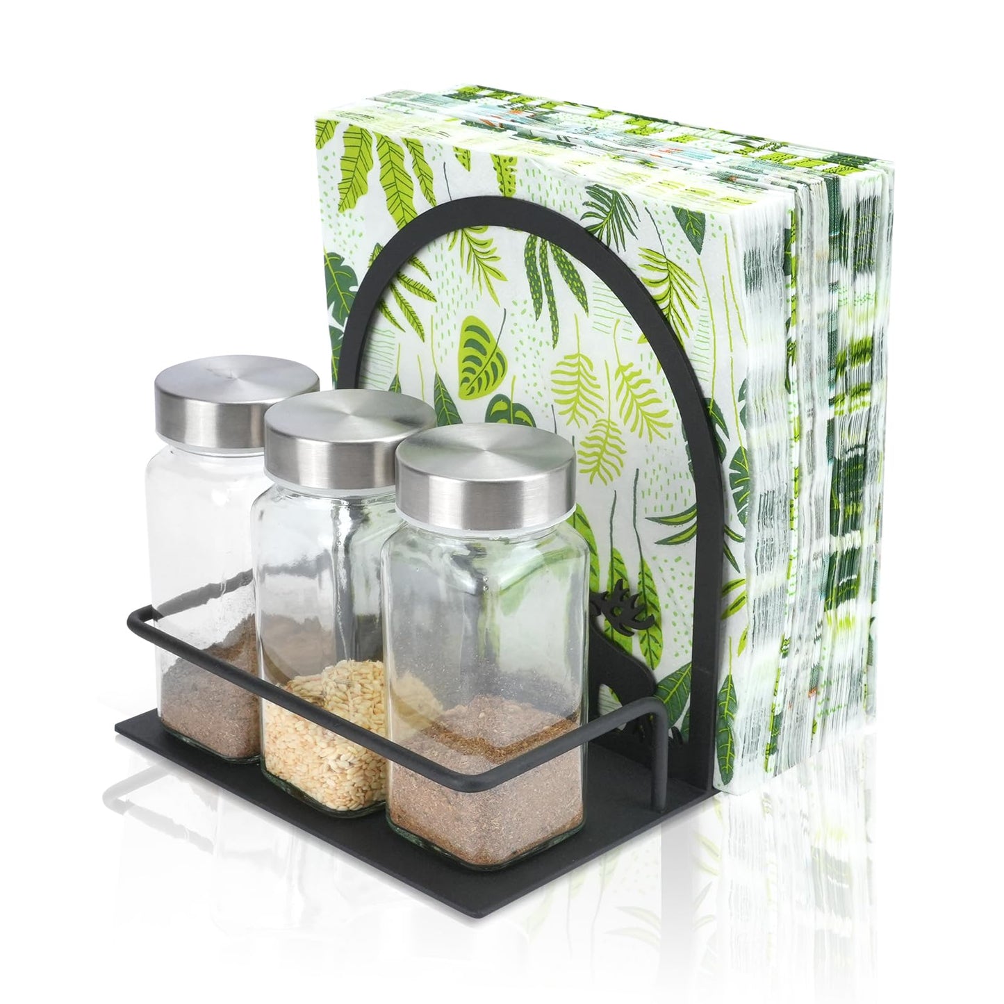 FHUIEWRY Napkin Holder for Table, Napkin Dispenser with 3pcs Salt Pepper Shakers Tree & Deer Design Metal Serviette Holder Basket, Standing Paper Napkin Storage for Kitchen Dining Table Decor, Black