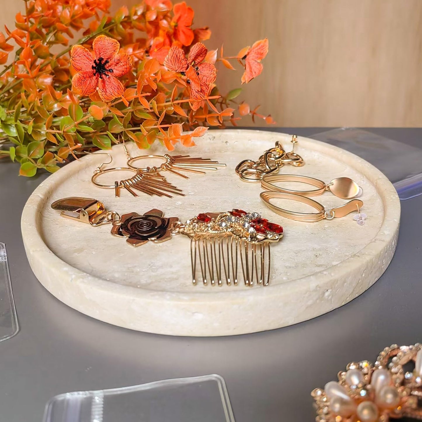 Natural Travertine Vanity Decorative Marble Tray, Candles, Perfume, Trinket, Marble Circle Vanity Trays for Bathroom, Dresser, Kitchen, Countertop Storage Organizer for Home Decor