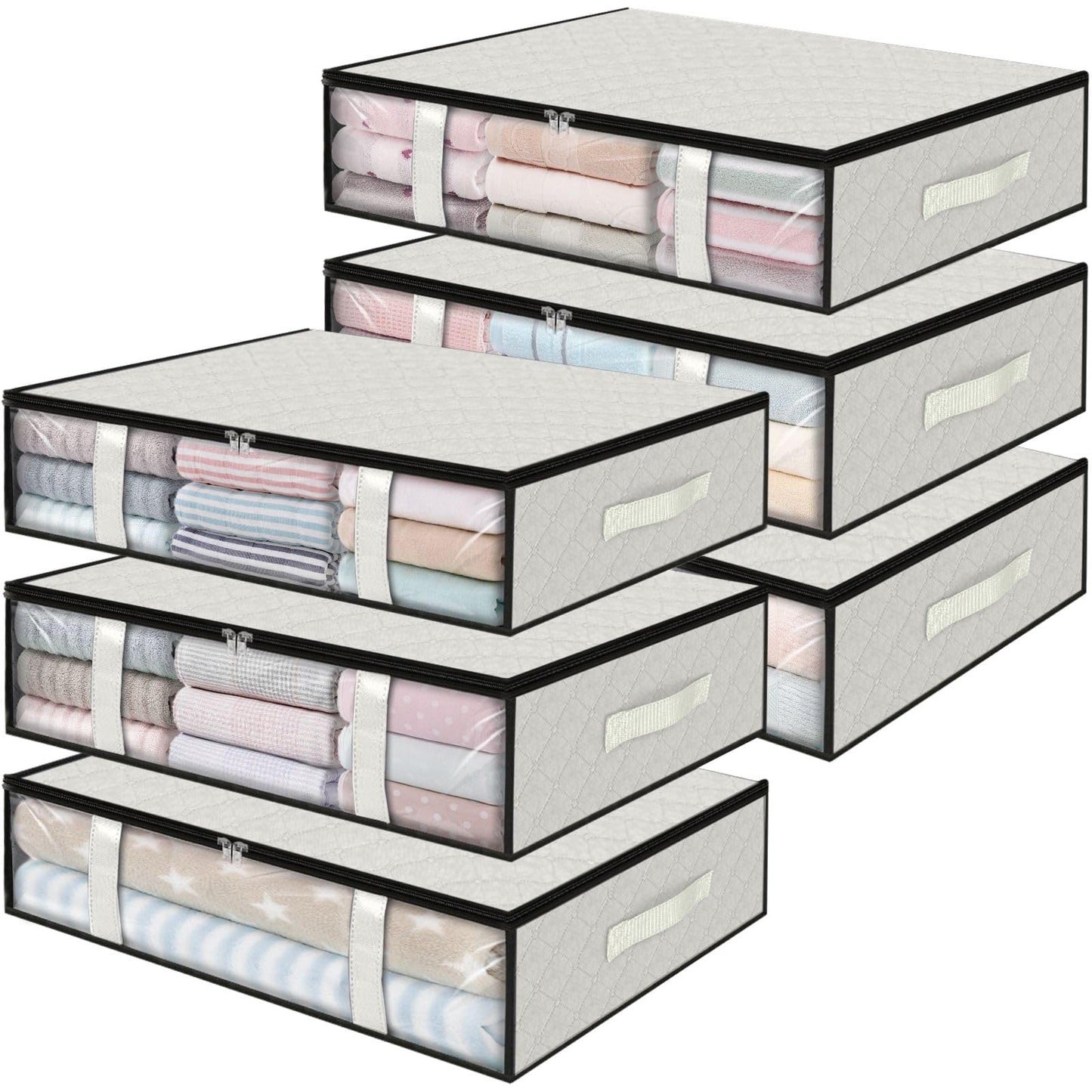 StorageRight Under Bed Storage Bags 6 Pack, 40L Large Clothes & Comforter Storage Containers with Clear Window, Breathable Fabric Organizer for Blankets, Bedding, Seasonal Clothing, White