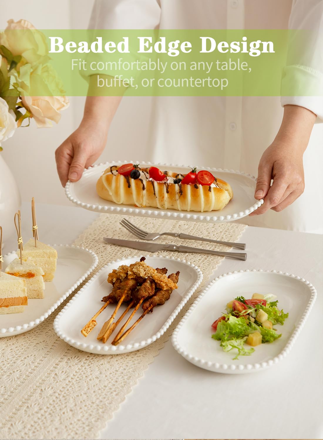 TAMAYKIM 12 Inch Porcelain Serving Platters Set of 6 - White Ceramic Trays with Beaded Edge, Oval Serving Plate for Steak, Taco, Sushi, Appetizer, Cake - Dishwasher & Oven Safe