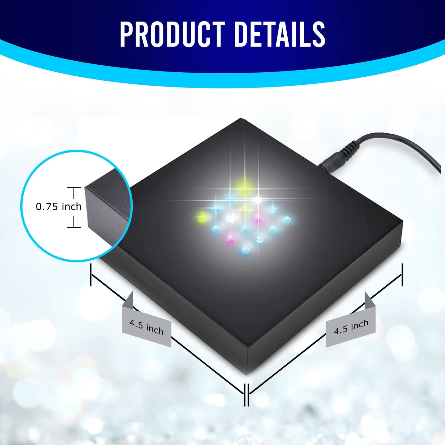 ASENTE 16 LED Multi-Color Light Stand Base- Lighted Acrylic Display, Crystal Display, Trophy & Art Hologram, 3D Pedestal Stand for Crafts, & Other Special Centerpieces, 4.5V AC/USB Adapter, Matte Black