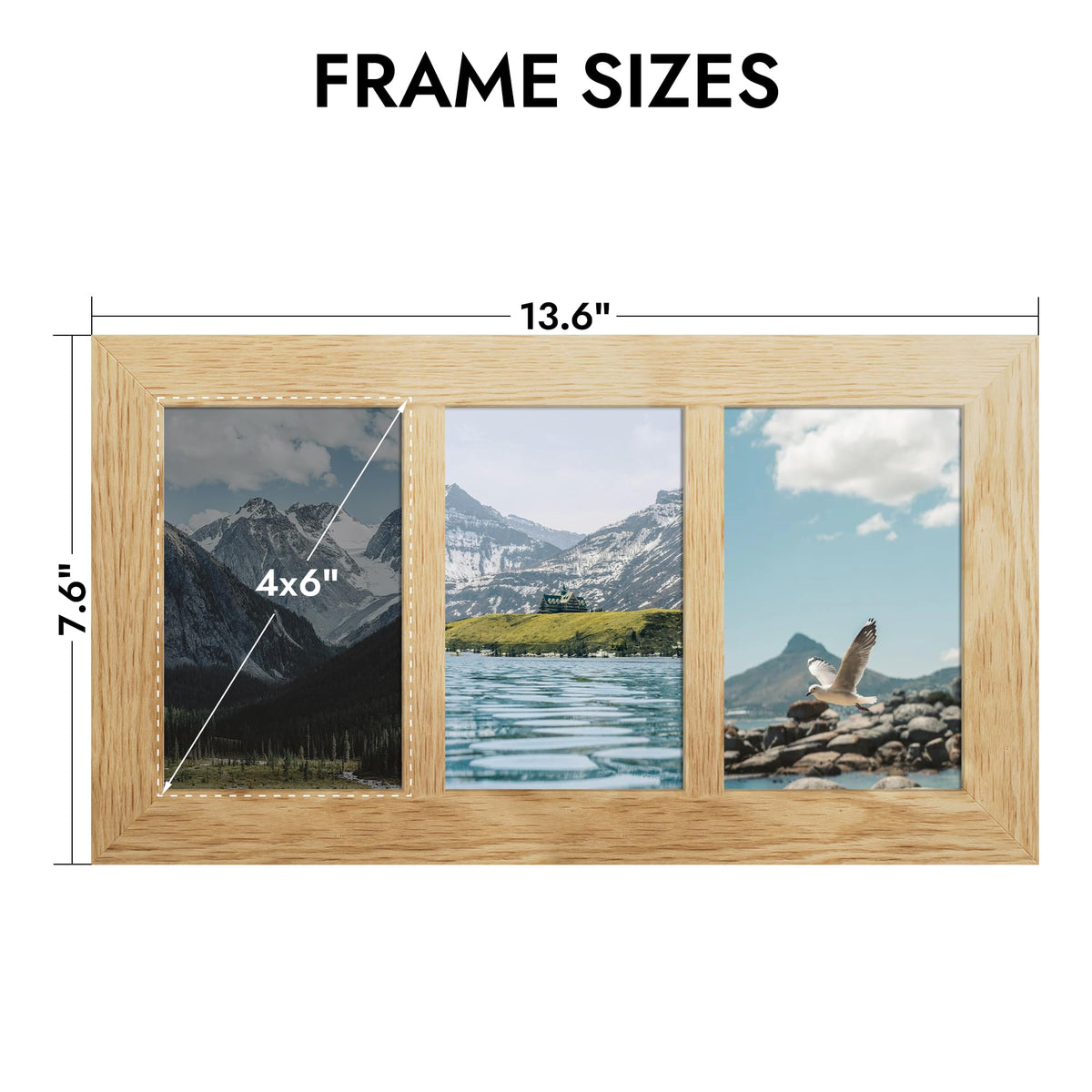 Hongkee 4x6 Oak Wood Picture Frame Collage, Real Glass and Solid Wooden Frames, Display 3 4x6 Picture Frame for Wall Hanging or Tabletop(1Pack, Natural)
