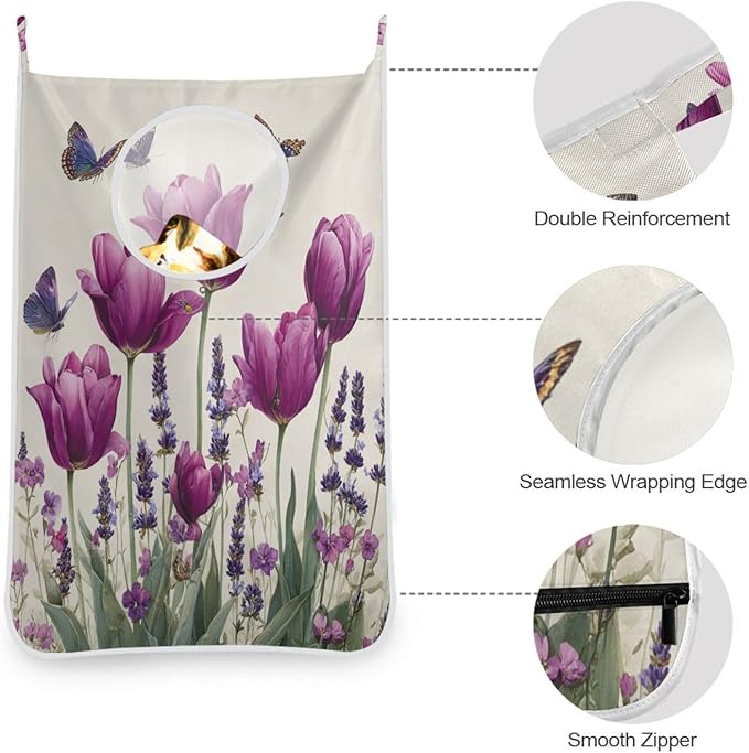 Purple Tulilp Butterfly Hanging Laundry Hamper Door Hampers Bag Basket