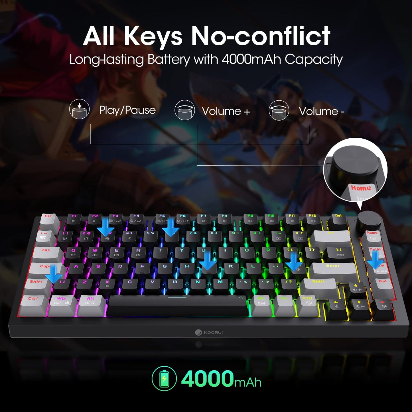 KOORUI Gaming Keyboards, 26 RGB Backlit Mechanical Keyboard Wireless/Wired Compatible Bluetooth 82 Keys Rechargeable 4000mAh Battery UK Layout Gamer Keyboards for Windows MacOS Linux (Blue Switch)