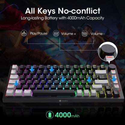 KOORUI Gaming Keyboards, 26 RGB Backlit Mechanical Keyboard Wireless/Wired Compatible Bluetooth 82 Keys Rechargeable 4000mAh Battery UK Layout with Red Switch Gamer Keyboards for Windows MacOS Linux
