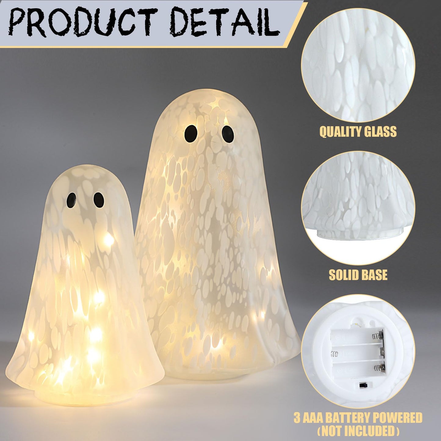 Flutesan 2 Pcs Halloween Confetti Ghost Glass Table Light Set, Cute Glass Ghost Light up for Home Halloween Party Tabletop Kitchen Counter Fireplace Mantle Decoration