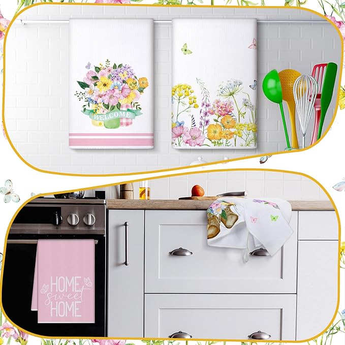 Bencailor 4 Pcs Pink Floral Kitchen Towels Pink and White Flower Hand Dish