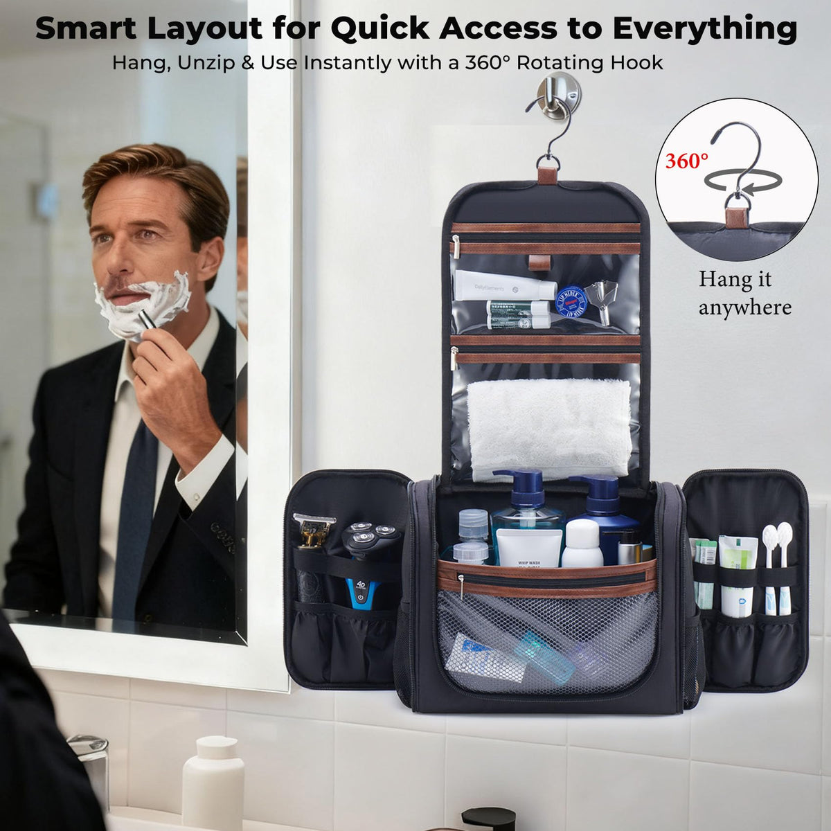 Ralnitote Large Hanging Toiletry Bag for Men, Travel Bathroom Bag with Hook, Hygiene Bag Organizer for Shower, Shaving & Grooming Essentials, Black