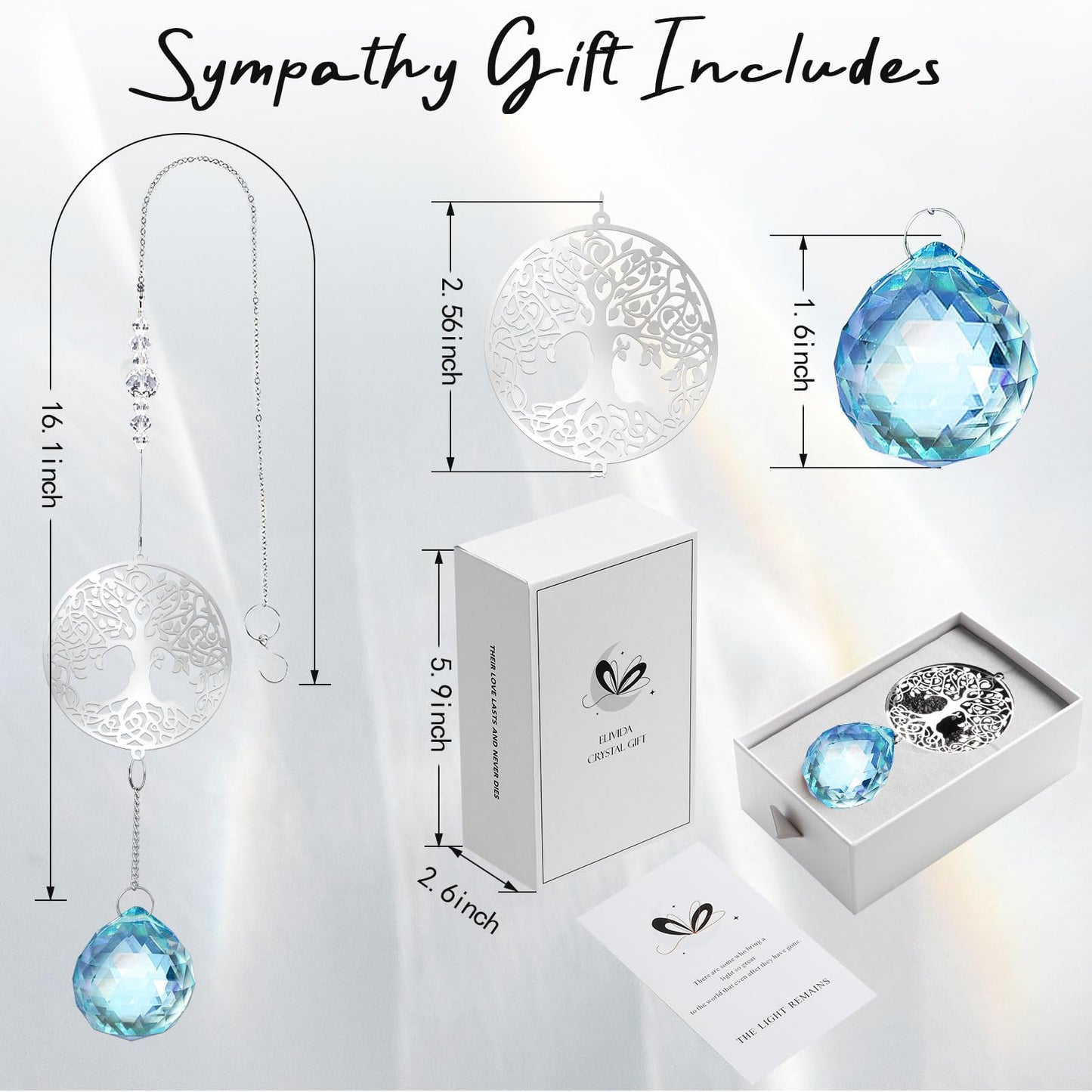 Elivida Modern Sympathy Grief Gift for Loss of Loved Ones, Memorial Suncatcher, Crystal Bereavement Gift Idea, Tree of Life Design Rainbow Maker for Miscarriage, Remembrance, Blue