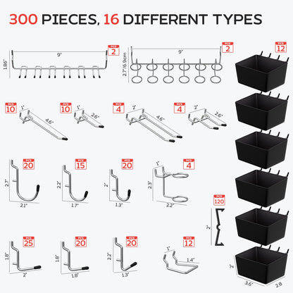 KRUXTO 300 PCS Pegboard Hooks Kit, Peg Board Organizer Accessories with Bins, Fit 1/8 or 1/4 Inch Pegboard for Hanging Various Tools in Garage, Workbench, Craft Room, Kitchen