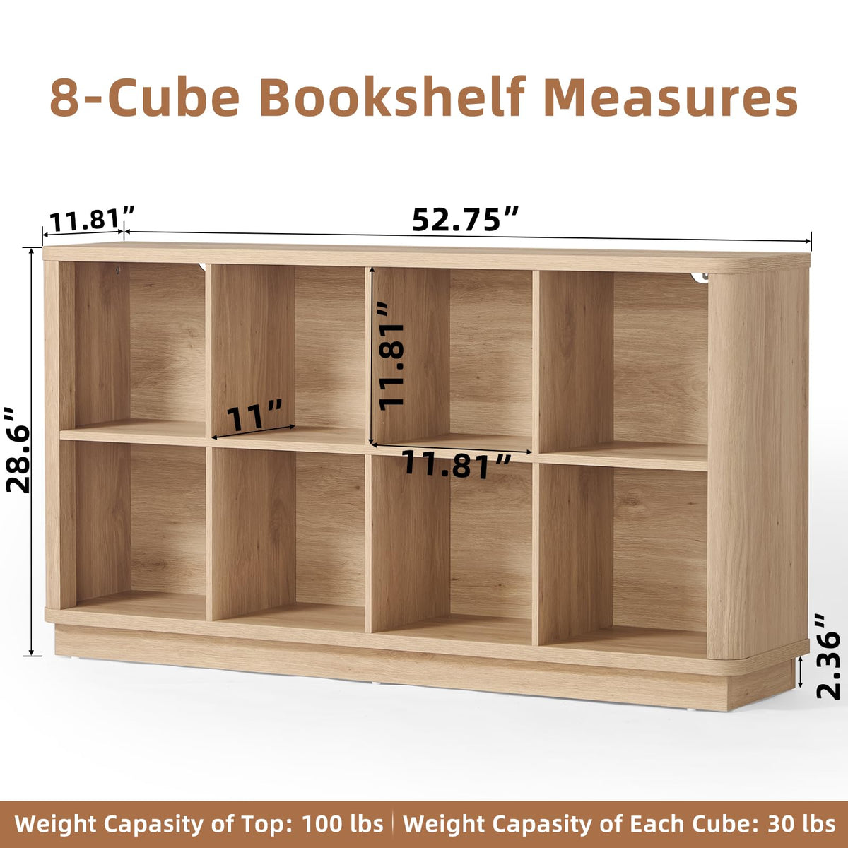 Joaxswe 8 Cube Storage Book Shelf, 52" Long Horizontal Bookshelf with Curved Edge, Floor Standing Wooden Cubby Bookcase with Base, Modern Low Console Book Case, TV Stand for Living Room, Natural Oak