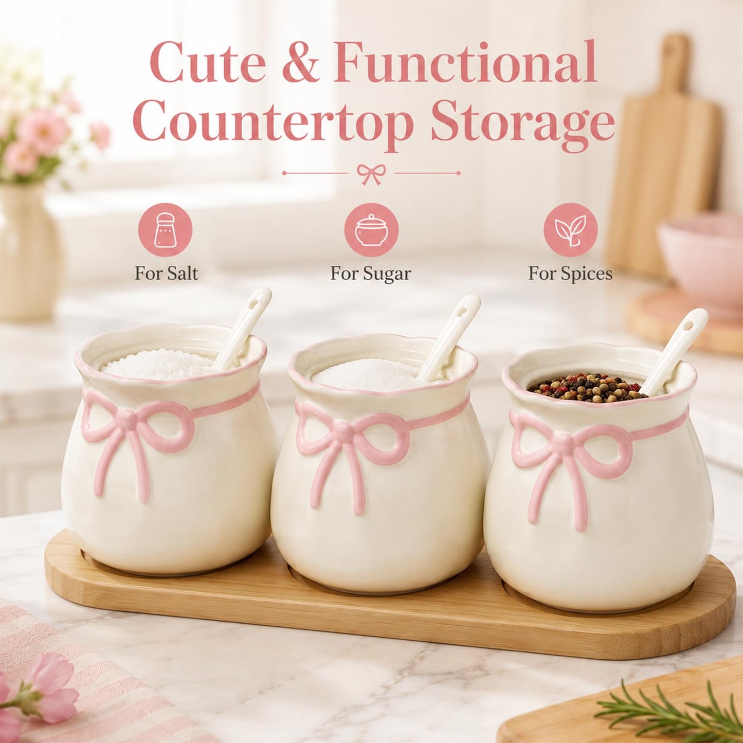 Domensi 3 Piece Pink Bow Condiment Jars Set with Spoons and Wooden Tray, 12.85 oz Ceramic Spice Containers, Coffee Bar Accessories for Your Home, Kitchen, Counter, Housewarming Gifts, 170 ml
