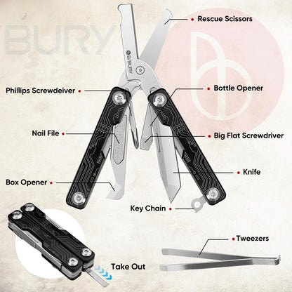 BIBURY Mini Keychain Multitool Scissors B12062B, 9 in 1 Multitool EDC Scissors with Screwdriver, Bottle Opener, Pocket Knife, Spring -Mini Multi Tool for Outdoor, Daily Use, Gifts for Men and Women