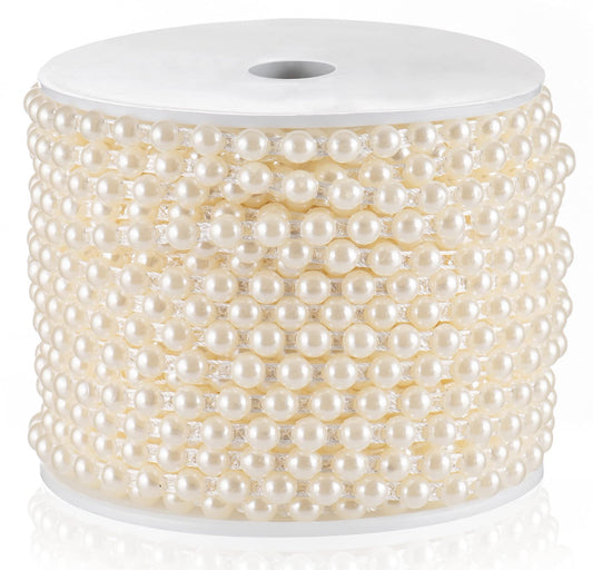 Flat Pearl Garland String 27 Yards, 6MM Half-Round Beaded Spool Roll Crafts for Wedding Decoration (Ivory)