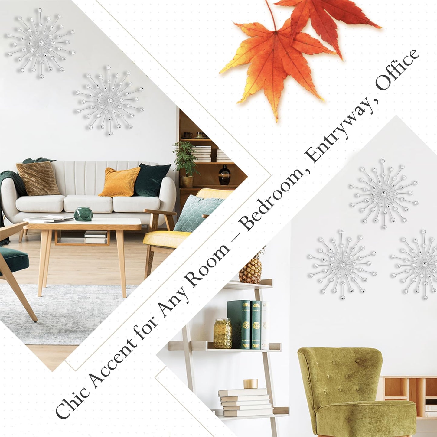 SIYIKRYP Set of 3 Crystal Sunburst Wall Decor – 11.8" Silver Metal Wall Art with Rhinestone Accents – Modern 3D Starburst Hanging Ornaments for Living Room, Bedroom, Office