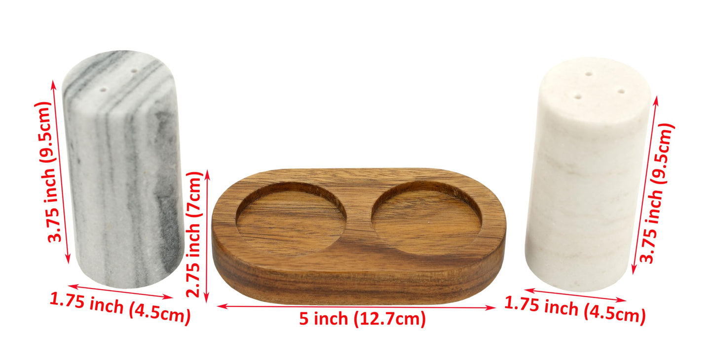 Spiretro Elegant Marble Salt and Pepper Shaker Set with Acacia Wood Holder - Real Grey and White Marble Cylindrical Shakers for Kitchen Shelf, Table or Spice Rack - 1.75” x 3.75” Each