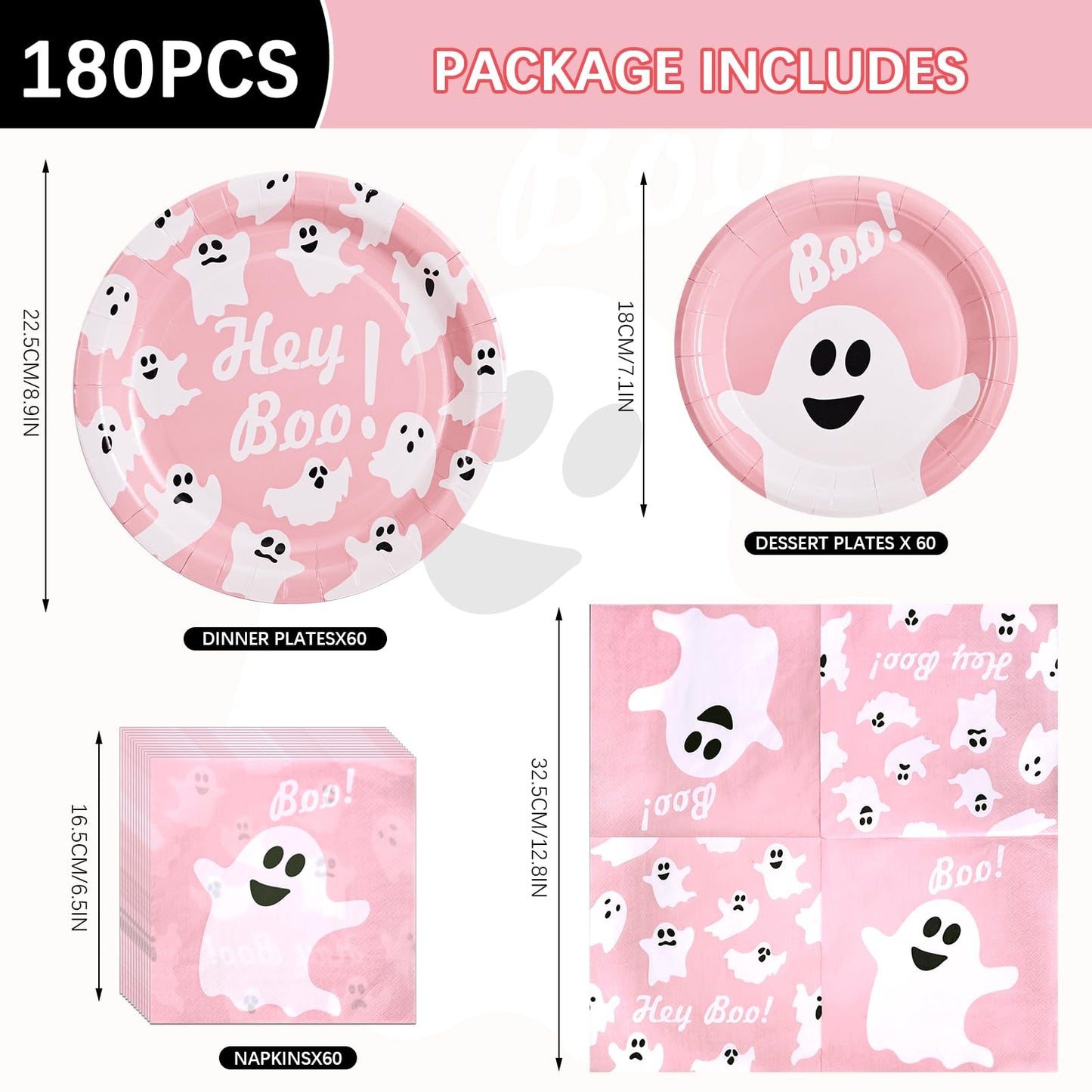 Osonm 180Pcs Halloween Party Supplies Serve 60,Pink Ghost Paper Plates and Napkins Disposable Dinnerware Kit,for Trick or Treat Birthday Party Decorative
