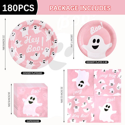 Osonm 180Pcs Halloween Party Supplies Serve 60,Pink Ghost Paper Plates and Napkins Disposable Dinnerware Kit,for Trick or Treat Birthday Party Decorative