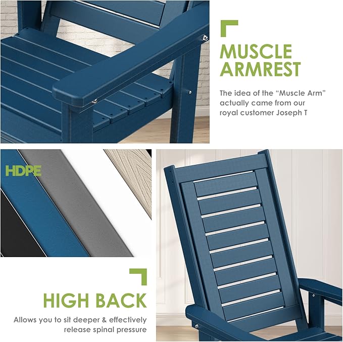 GREENVINES Outdoor Rocking Chair Set | 3-Piece | 2 Rocking Chairs with 1 Side Table | Porch Rocker | HDPE Plastic | Blue | Patio Furniture Sets | High Back | Big & Tall | Ladder Back
