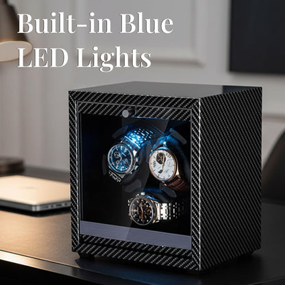 Mcbazel Watch Winder for Automatic Watches, 4 Rotation Modes Watch Winder Box with Super Quiet Motor, Blue LED Light, Memory Foam Pillows, Gift for Men & Women [Black]