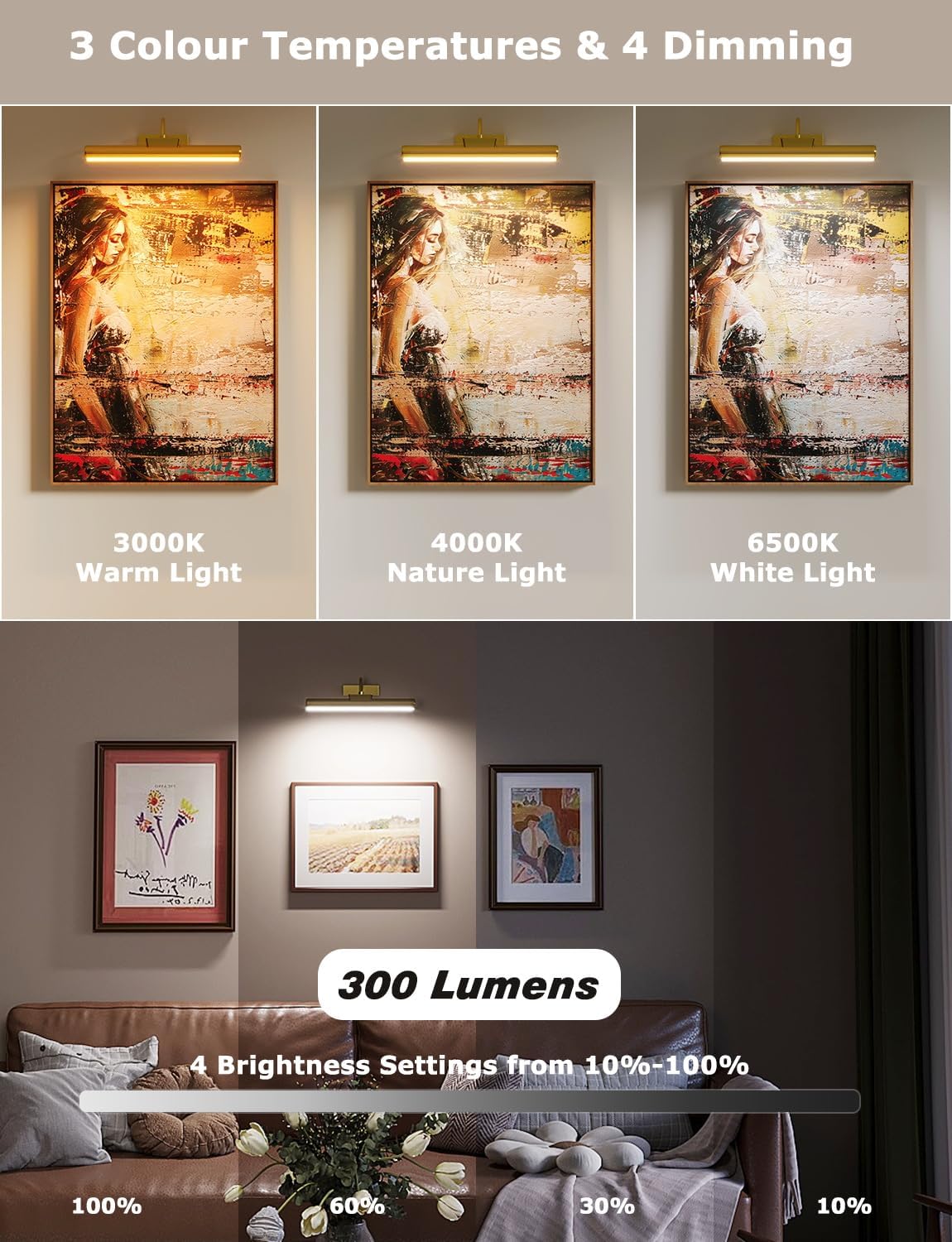 13" Aluminum Wireless Picture Lights for Wall, 5000mAh Rechargeable Battery Operated Wall Art Lighting, Dimmable 3-Color Gallery Painting Light for Pictures On Wall, with Remote/Timer [Gold, 2Pack]