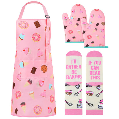 Berlune 4 Pcs Baking Gift Set for Women, Holiday Cooking Apron with Oven Mitts and Baking Socks Funny Gifts for Bakers Cooking Lovers Pastry Chefs Birthday Christmas Kitchen Supplies