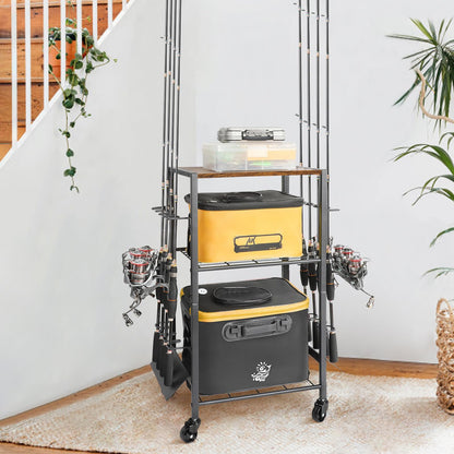 Olakee Fishing Rod Holder Cart for Garage & Home – Rolling Fishing Pole Organizer with Wheels, Holds 8 Rods, Tackle Storage Rack for Entryway, Corner, Gift for Men & Dad Anglers