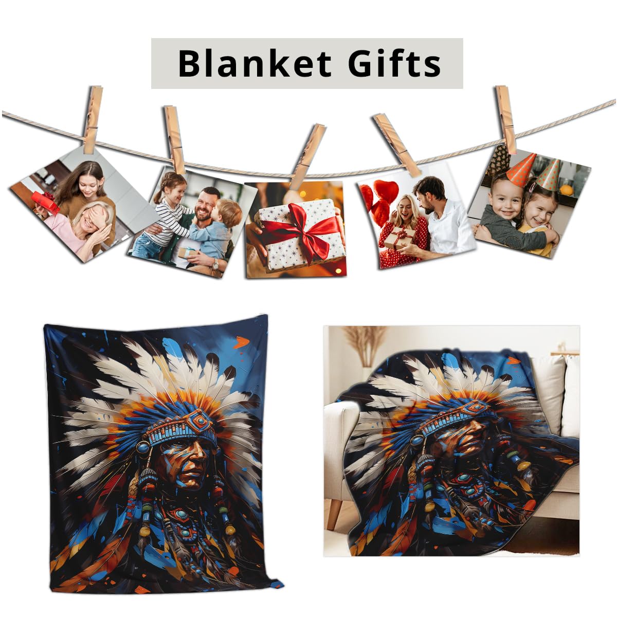 HUNXIAOJ Native American Flannel Blanket Indian Tribal Chief Print Blanket Throw for Couch Bed Soft Bedding Decor Native American Gifts for Boys Men Adults (49"x59")