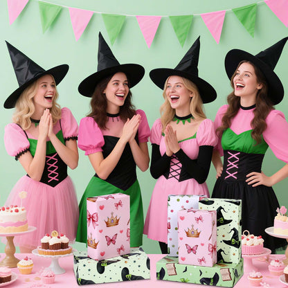 Pineraap 12 Sheets Witch Wrapping Paper, Pink and Green Gift Wrap - Watercolor Bow Crown Witch Hat Broom Print Gift Packing Paper for Girls Women Birthday Princess Themed Party, 19.7 x 27.6 Inch