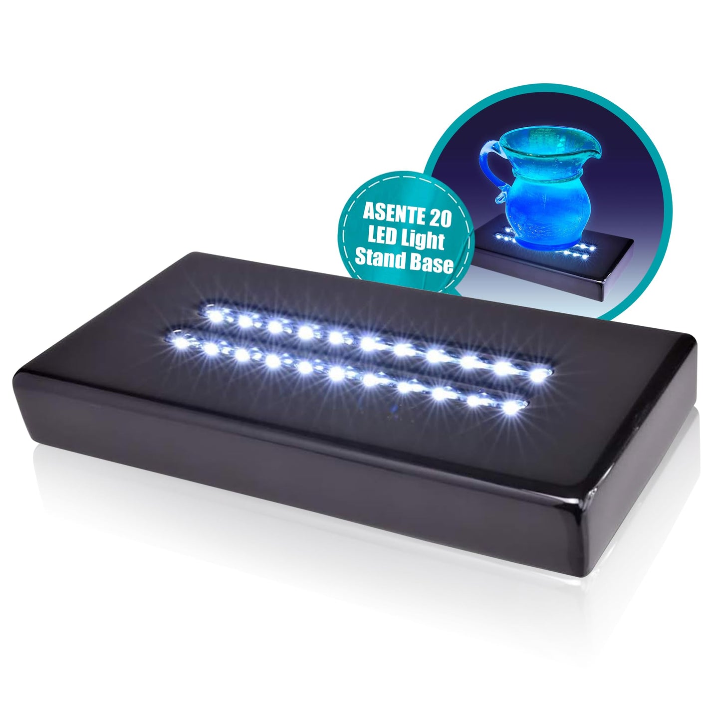 ASENTE 20 LED Lighted Base for Glass Art - Rectangular Satin Matte Black White Light Stand Base for 3D Art Glass, Room Decor and Gemstones and Crystals - AC/USB Adapter Powered (Black)