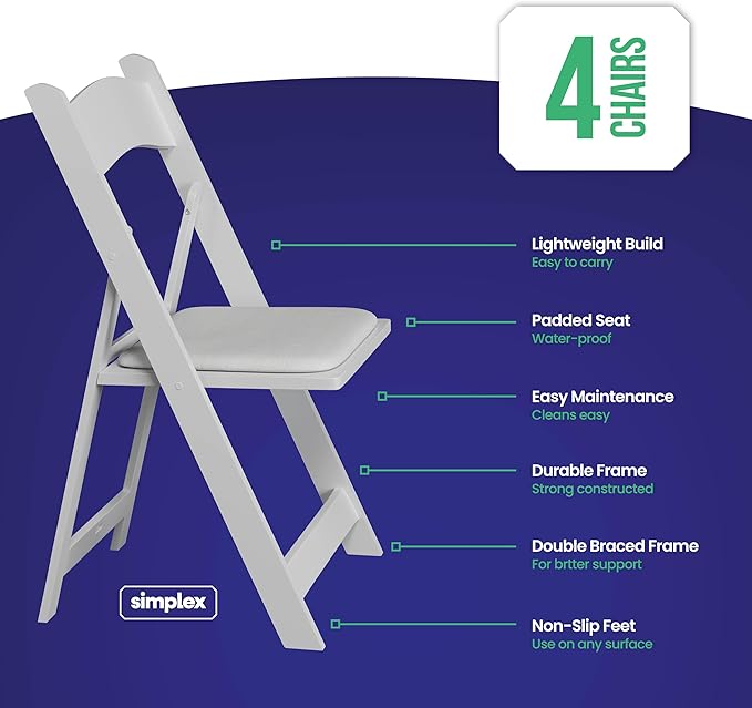 SIMPLEX 4 White Folding Chairs – Resin Stackable Foldable Chairs with Padded Seats – Comfortable White Folding Chairs for Indoor/Outdoor Events – Lightweight Resin Chairs (4 Pack)