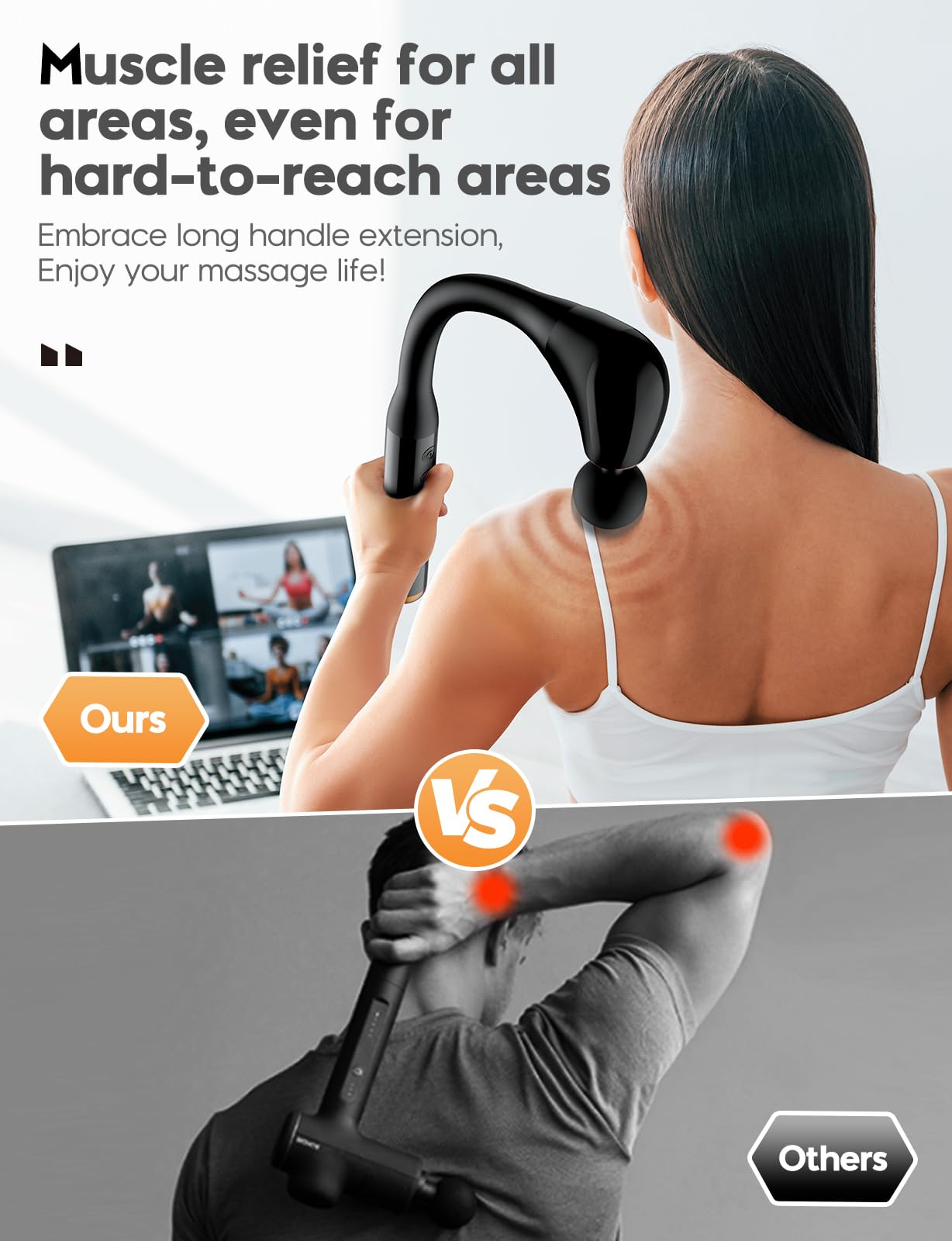 FVZ Massage Gun with Upgraded Extension Handle, 10MM Massage Gun Deep Tissue, Back Massager, Muscles/Neck/Shoulders/Waist/Legs Massager Portable for Pain Relief, Gifts for Men