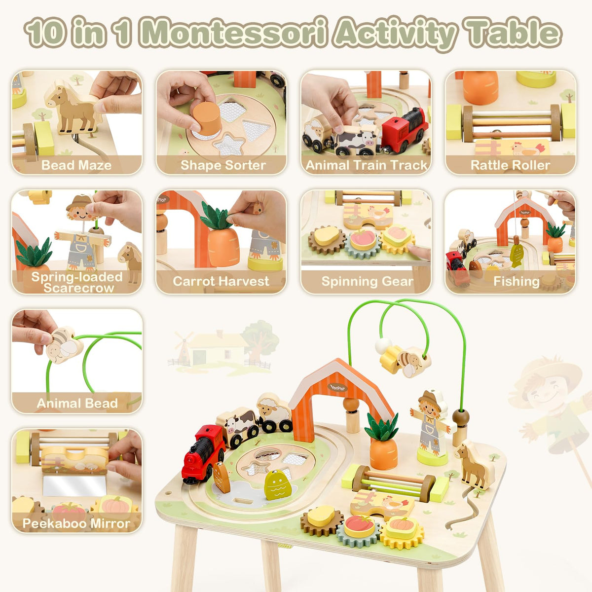 Vanplay Activity Table for 1 Year Old Boy Girl Birthday Gifts, Montessori Toys for 1 2 Year Old, 10 in 1 Wooden Sensory Play Table for Toddler 1-3, Learning Table for Baby 12M+ First Gifts