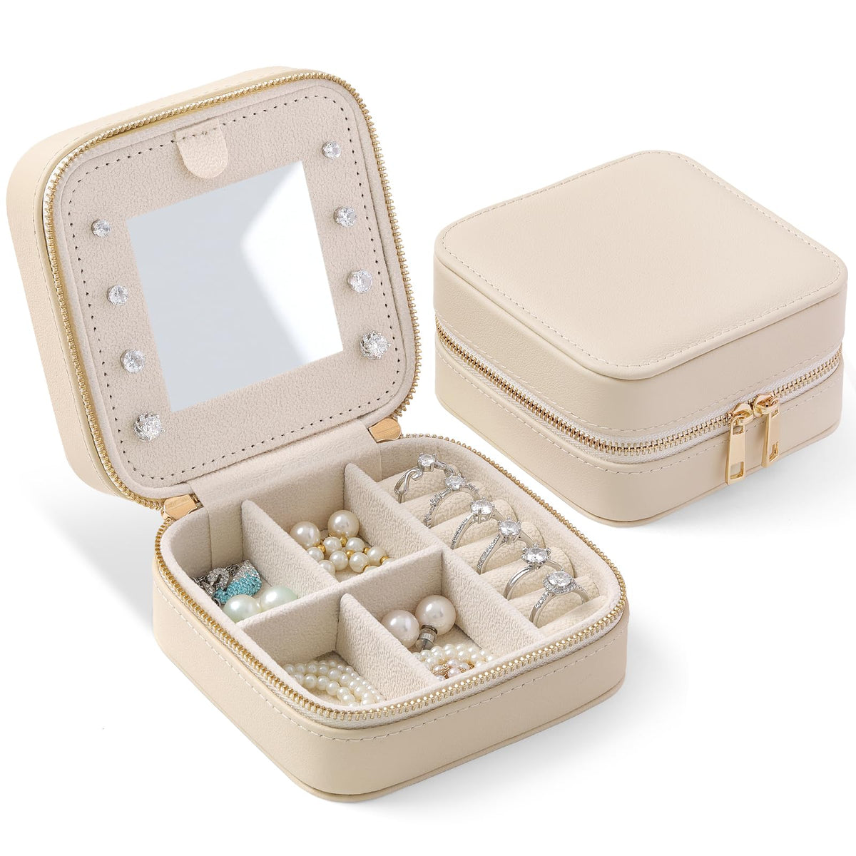 NGVRC Genuine Leather Travel Jewelry Organizer Case with Mirror for Women, Small Mini Portable Jewelry Box for Ring Earrings Necklace Bracelet Luxury Gift for Women（Beige）