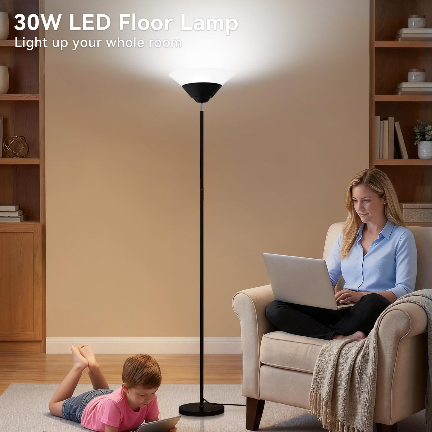 SIBRILLE Torchiere Floor Lamp, 72 Inch 30W LED Standing Lamp, 1800LM, Stepless Dimmable, 3000K-6500K, Remote and Button Control, Modern Pole Light for Living Room Bedroom Office, Black