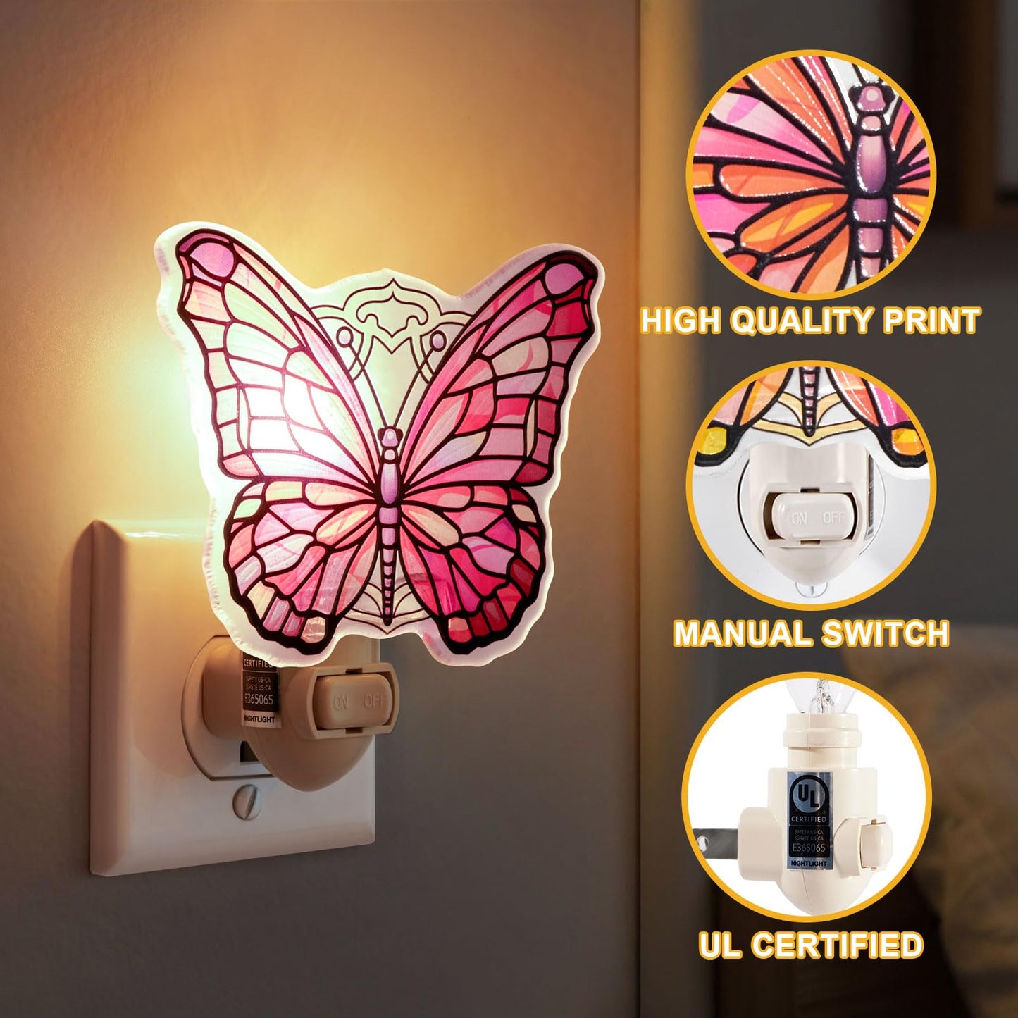 VOUWOWOX Pink Butterfly Night Light – Stained Glass Styled Plug-in Wall Light for Vertical Outlets – Real Glass, Warm Glow for Bedroom, Bathroom, Hallway – Gift for Butterfly Lovers