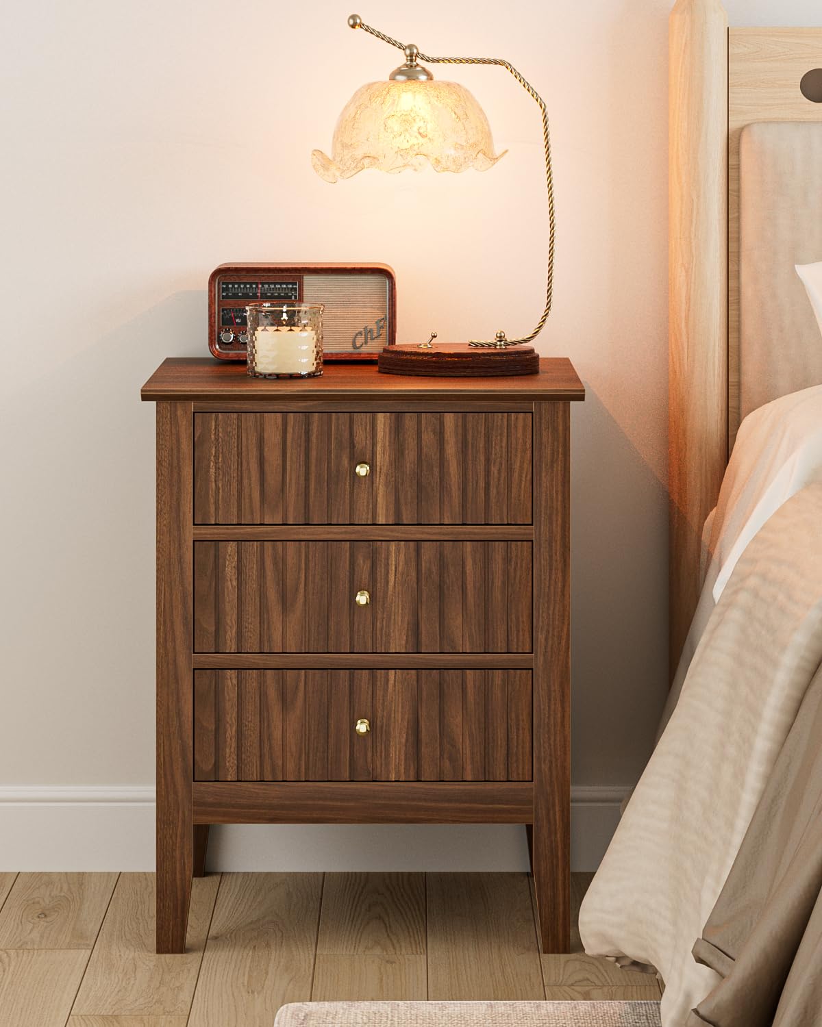 Apetaccat Nightstand Vintage, Fluted Night Stand Tall Farmhouse Beside Table with 3 Drawers, Mid Century Modern Side Accent Table,Bedside End Table for Bedroom, Walnut
