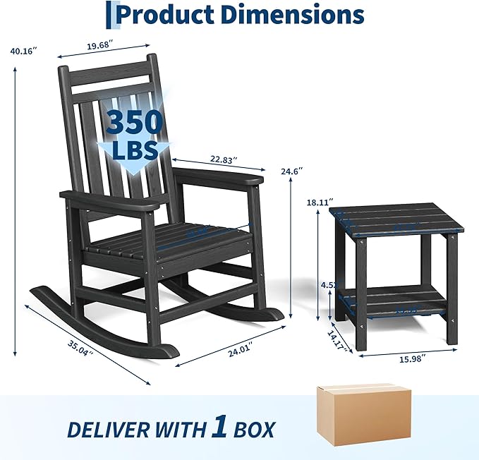 HDPE Rocking Chair Outdoor Set of 2 with Side Table - Poly High Back Porch Rocker Chairs for Adults - All Weather Resistant Furniture for Patio Front Porch - Black