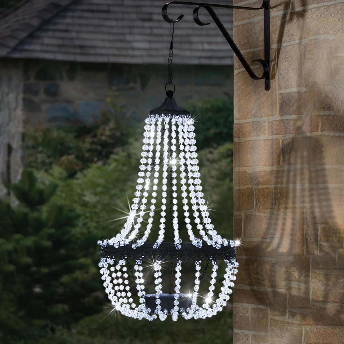 Hanging Solar Lantern Outdoor, 28” Modern Clear Crystal Acrylic Chandelier with 30 Cool White Lights S Hook for Garden, Yard, Patio, Gazebo Decorations