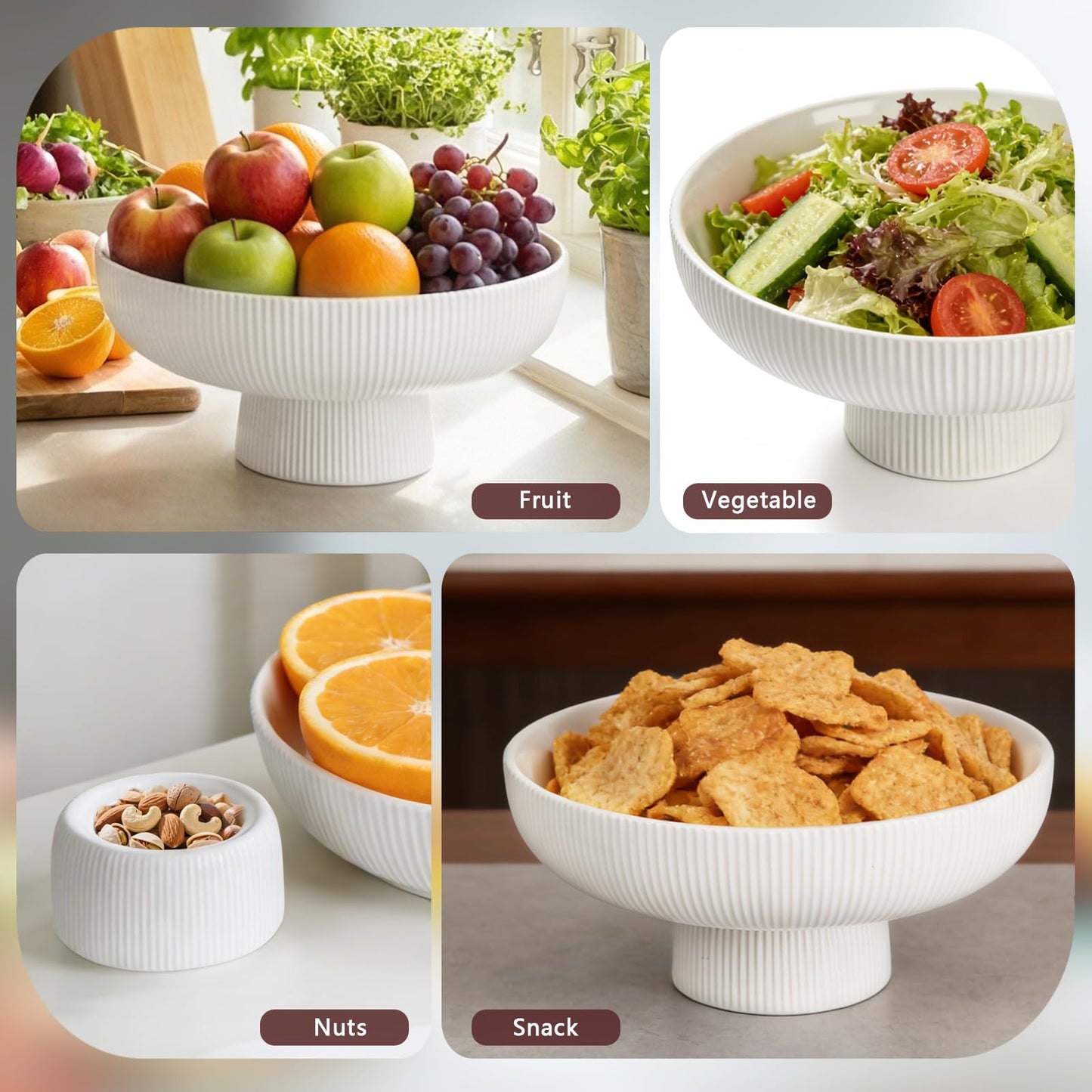 FAAYUCK Ceramic Fruit Bowl, 10" White Fruit Bowl for Kitchen Counter with Drainage Hole, Removable Pedestal Fruit Bowl with Non-Slip Pad, Large Decorative Fruit Bowl for Fruit, Vegetable, Salad, Snack